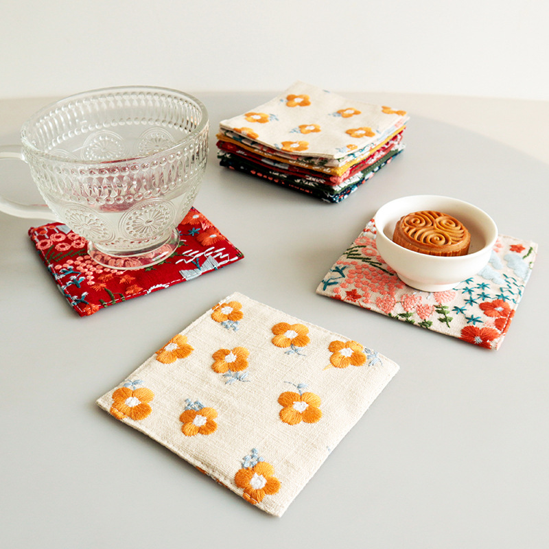 New Cotton Hemp Cup Mat Embroi - Coffee Plus Tea บทวิจารณ์และราคา