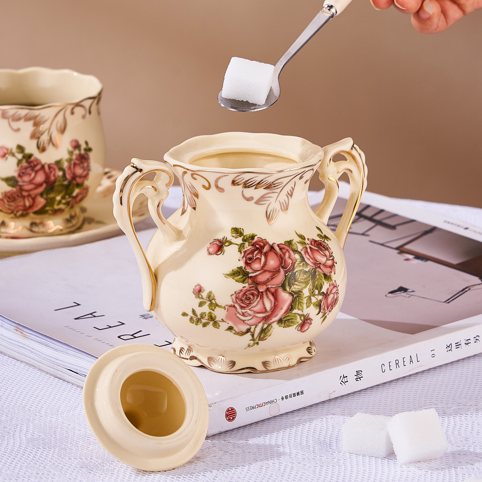 2pcs,Rose pattern ceramic milk - Tea Coffee Sugar Container บทวิจารณ์และราคา