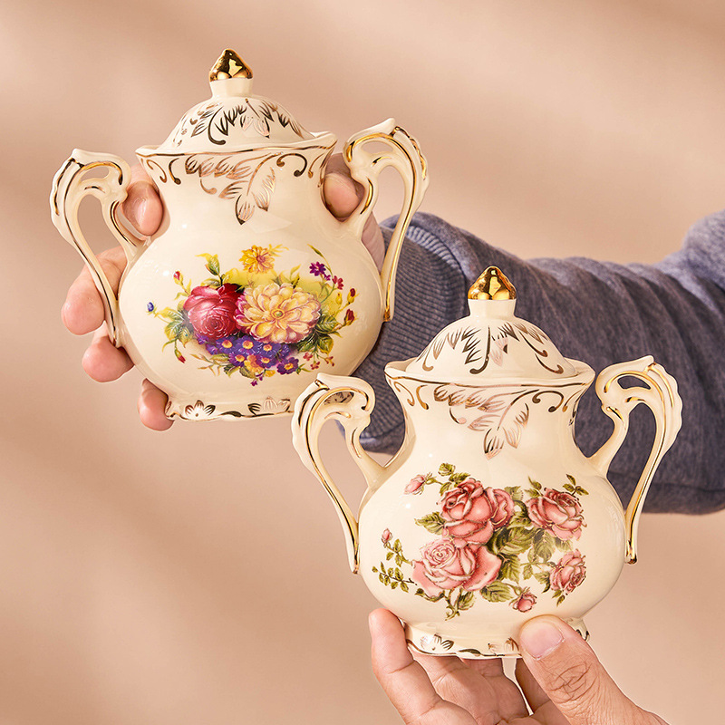 2pcs,Rose pattern ceramic milk - Tea Coffee Sugar Container บทวิจารณ์และราคา