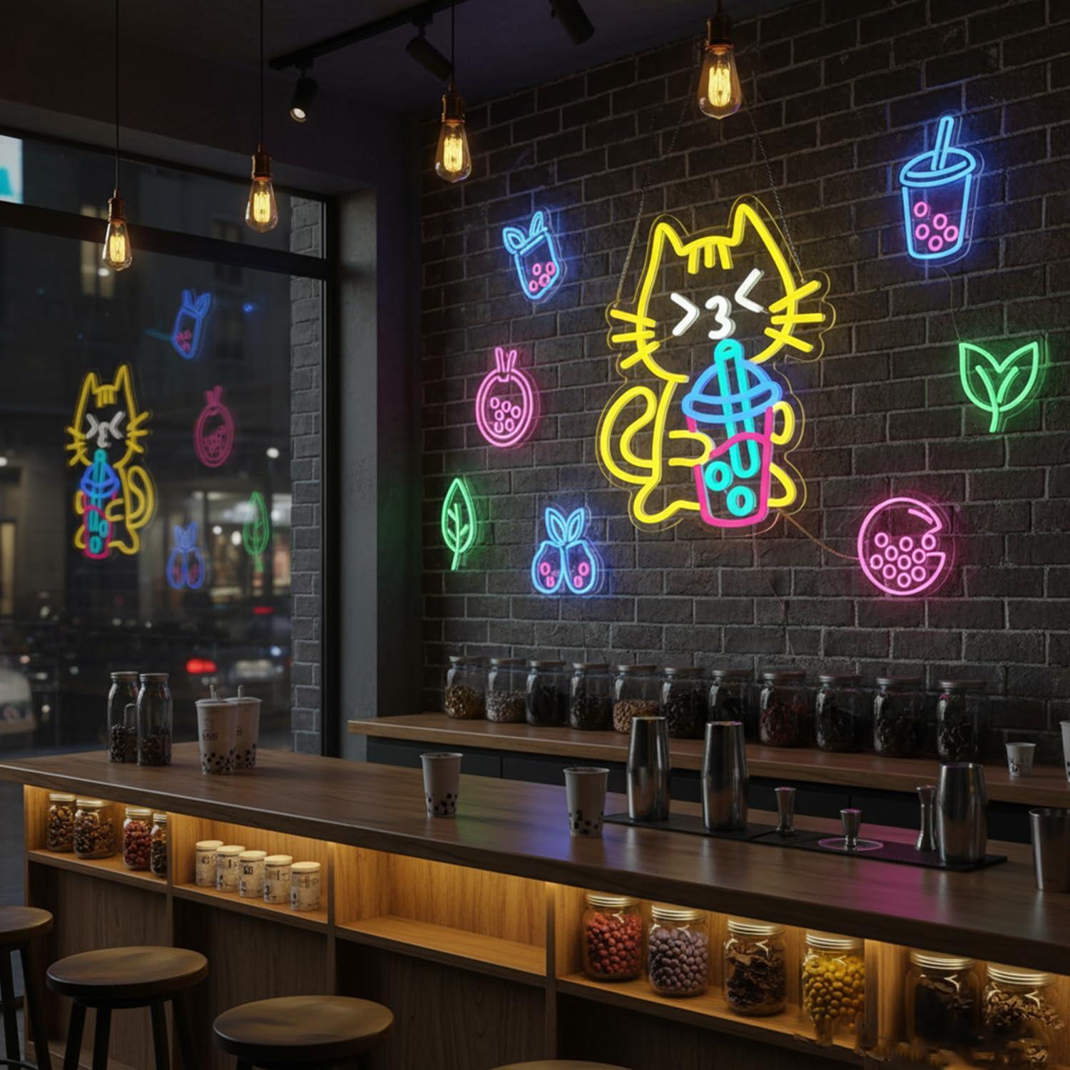 Cat Boba Tea Neon Sign Cute An - Coffee Tea Boba บทวิจารณ์และราคา