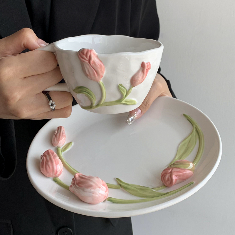 Tulip Ceramic Mug Embossed Flo - Coffee Tea Flask บทวิจารณ์และราคา