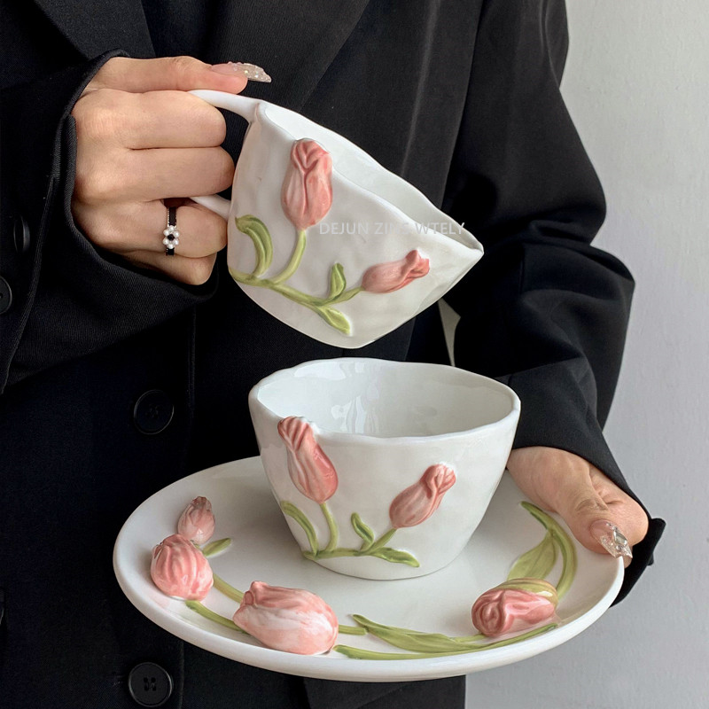 Tulip Ceramic Mug Embossed Flo - Coffee Tea Flask บทวิจารณ์และราคา