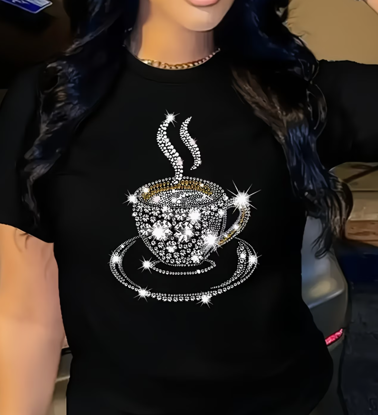 Women Rhinestone Coffee Cup T  - Coffee Tea Name บทวิจารณ์และราคา