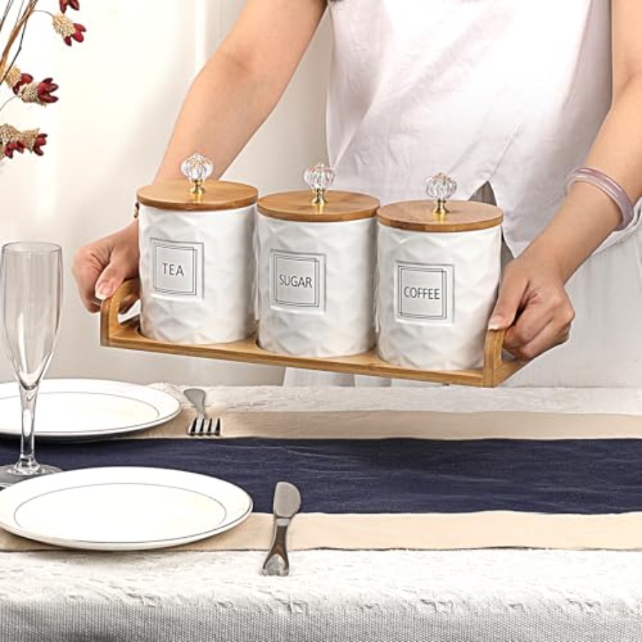 Set of 3 Ceramic Canisters Set - Tea Coffee Sugar Container บทวิจารณ์และราคา